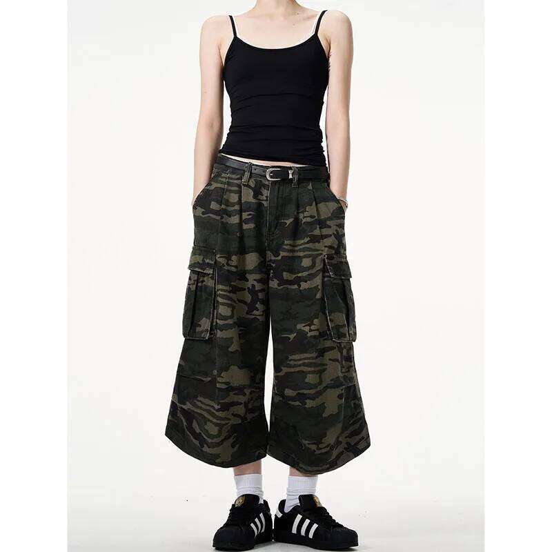Designer Clothing 2025 Women Short Jeans Green Camouflage American Vintage Y2k Straight Streetwear Wide Leg Pants High Waist Female Summer Denim Short
