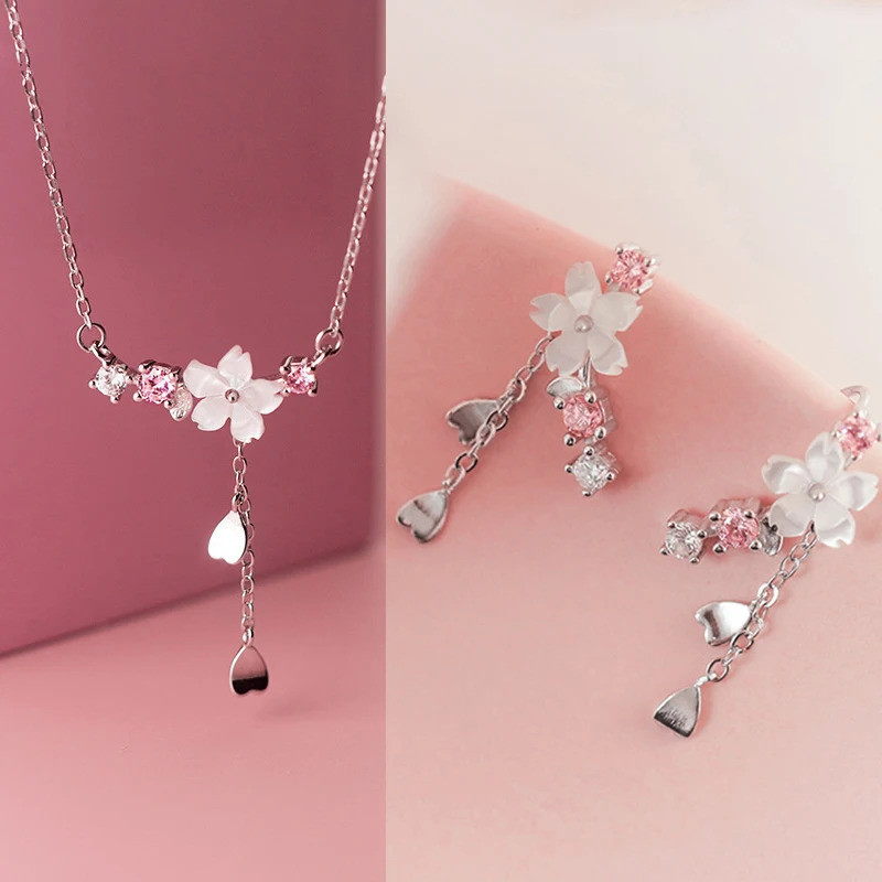 Romantic Pink Cherry Blossom Clavicle Chain Jewelry Set For Women Elegant Sweet Rose Flower Necklace Earrings Wedding Gift 250715