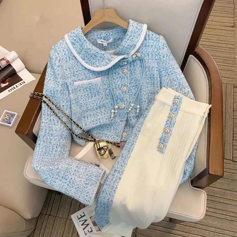 Spring Fashion Elegant Peter Pan Collar Chic Tassel Vintage Women Coat Blue Tweed Jacket High Waist Long Pants Two Pieces 250728