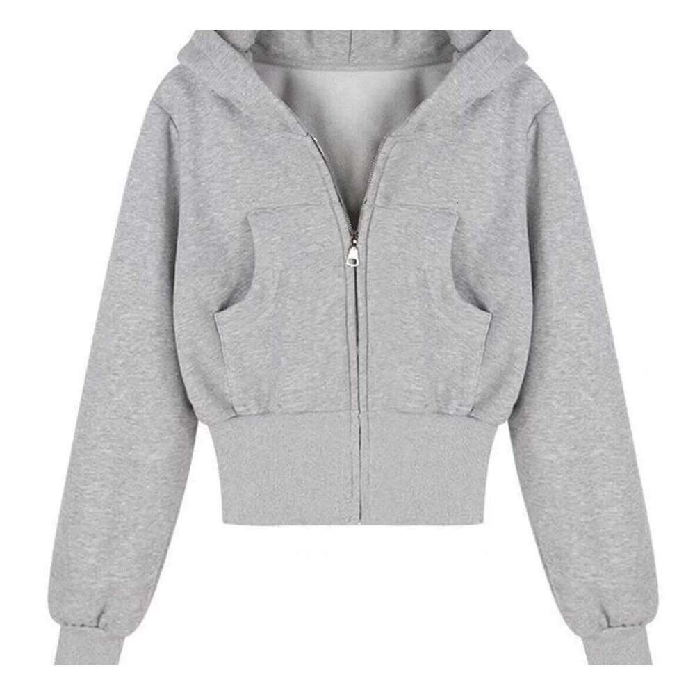 American Zipper Long Sleeve Short Solid Vintage Hoodies Hooded High Waist Slim Fit TopsWomen Y2k Sweatshirts Fleece Coats