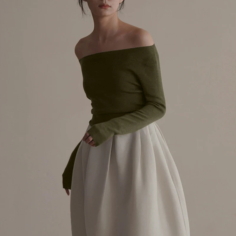 Autumn Winter Womens Tshirt Top Long Sleeve Solid Color Elegant Sexy Off Shoulder Slim Basic Style Versatile Interior Style 250728