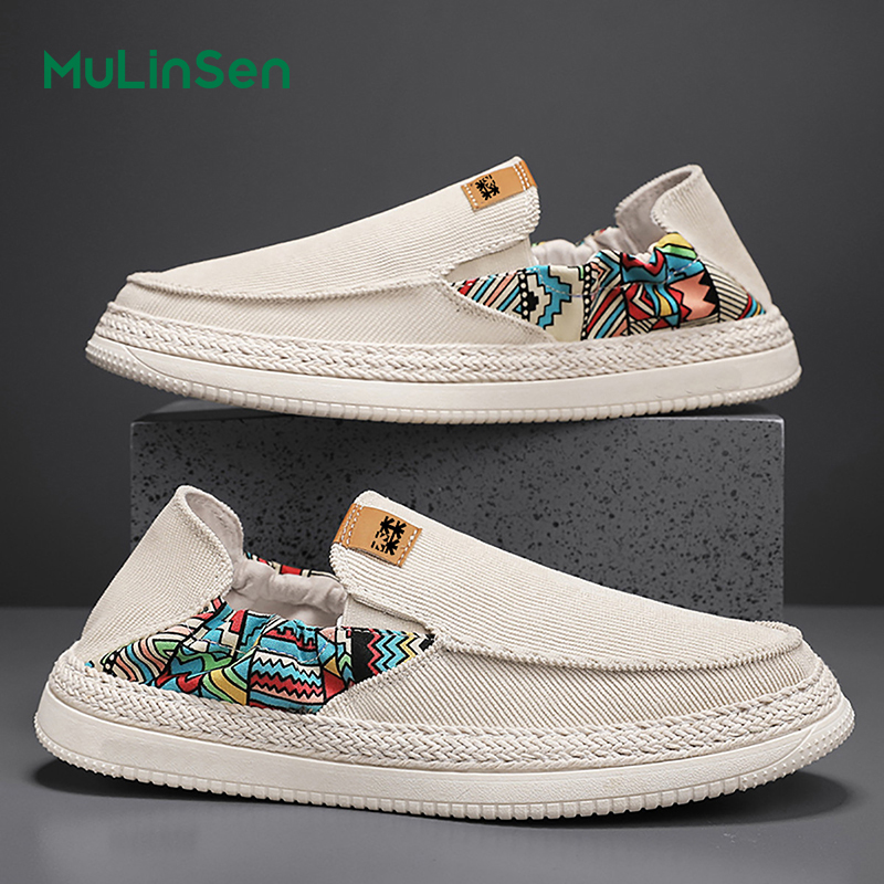 Mulinsen canvas shoes men's 2025 new summer breathable soft sole lazy one-step sneakers driving casual trendy shoes