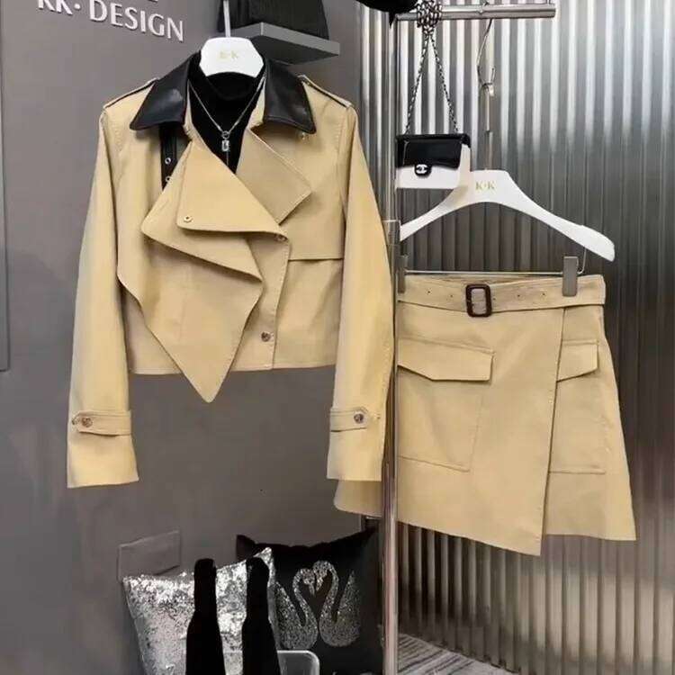 Autumn New Fashionable Trendy Cool Two-piece High-end Simple Khaki Jacket Short Skirt Set for Women