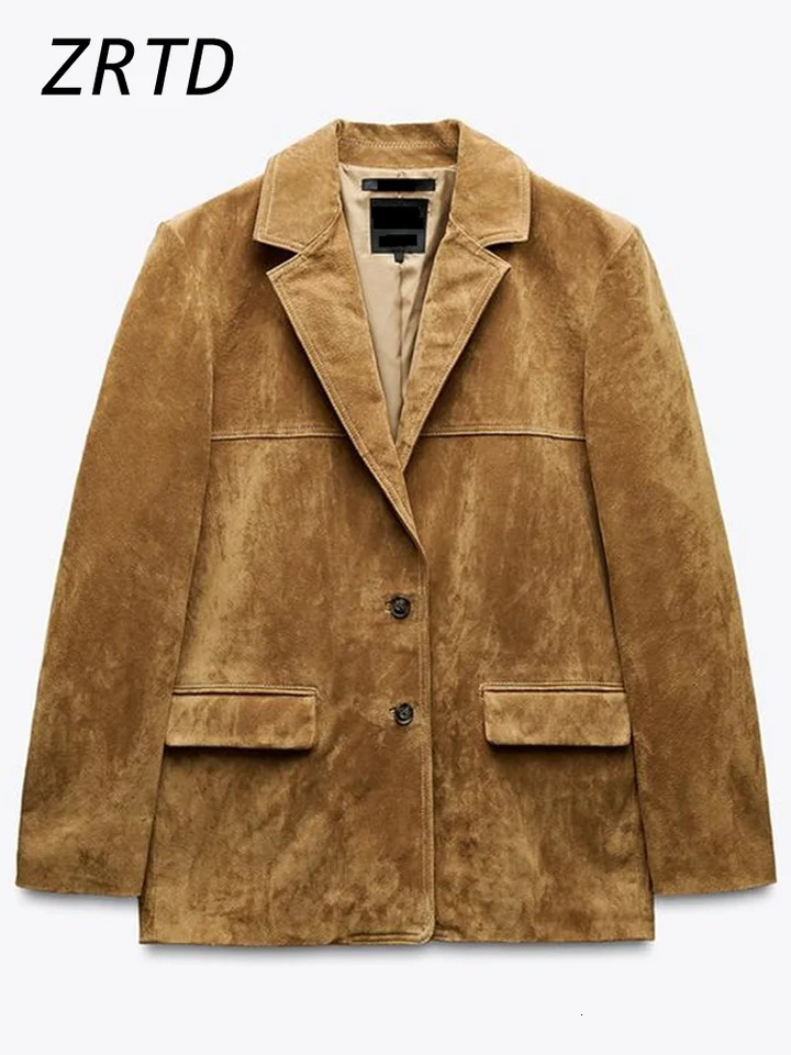 Elegant Womens Suede Jackets Loose Lapel Single Breasted Long Sleeve Female Coats Spring Lady Street Commute Outerwear 250728