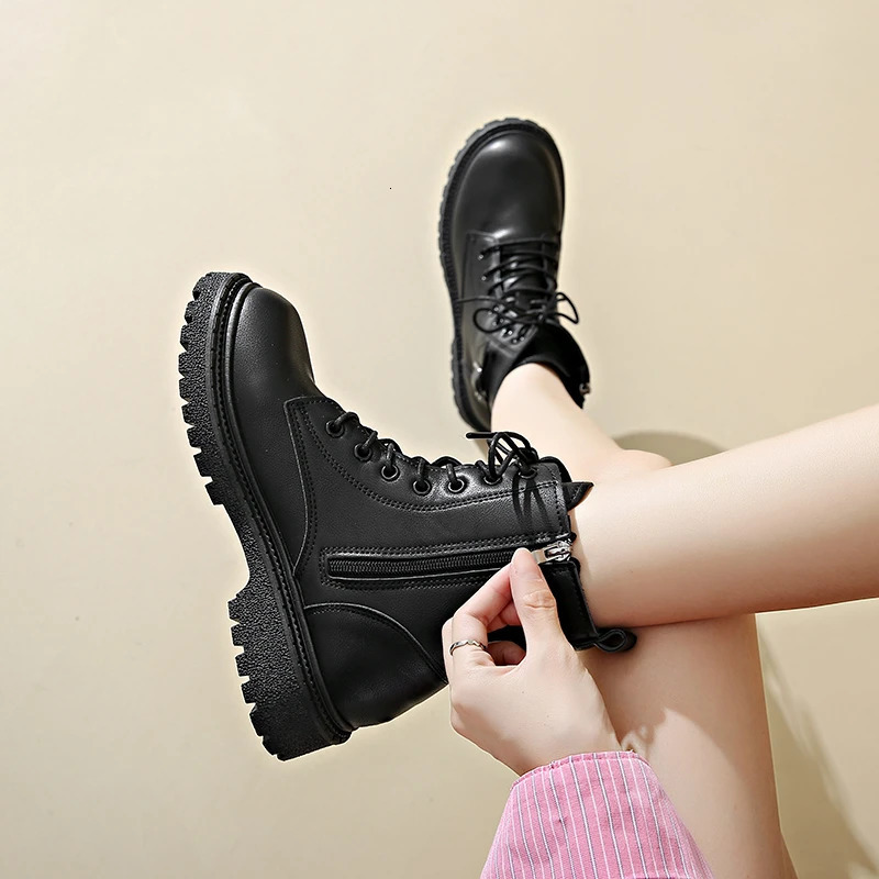 Minimalist Lace-up Combat Women Boots 4.5cm Chunky Heel Platform Women Boots British Style Thick Sole Increase Height Casual Boo 250725