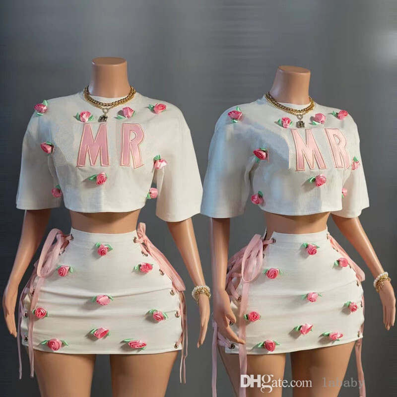 2025 Fashion Sexy Two Piece Dress Women Hot Girl Skirt Set 3D Rose Decoration Crop Top Short Sleeve Tshirts Mini Skirts 2Pcs Sets For Ladies Outfits