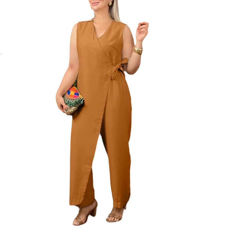 2025 Spring Summer New Cross-Border Trade Independent Station Women's Solid Color Casual V-Neck Tie Jumpsuit
