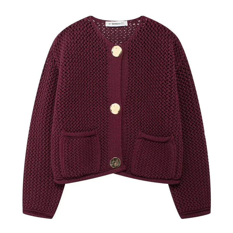 TRAF Knitted Sweater Cardigan For Women Autumn Long Sleeve Cropped Cardigans Ladies Outerwear Winter Button Knit Sweater 250728