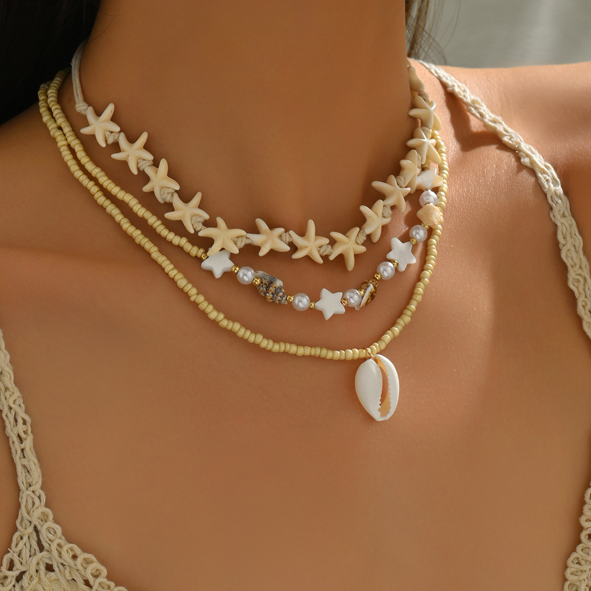 Ocean Vacation Style Starfish Conch Shell Light Niche Rice Pearl Necklace Set Jewelry for Women