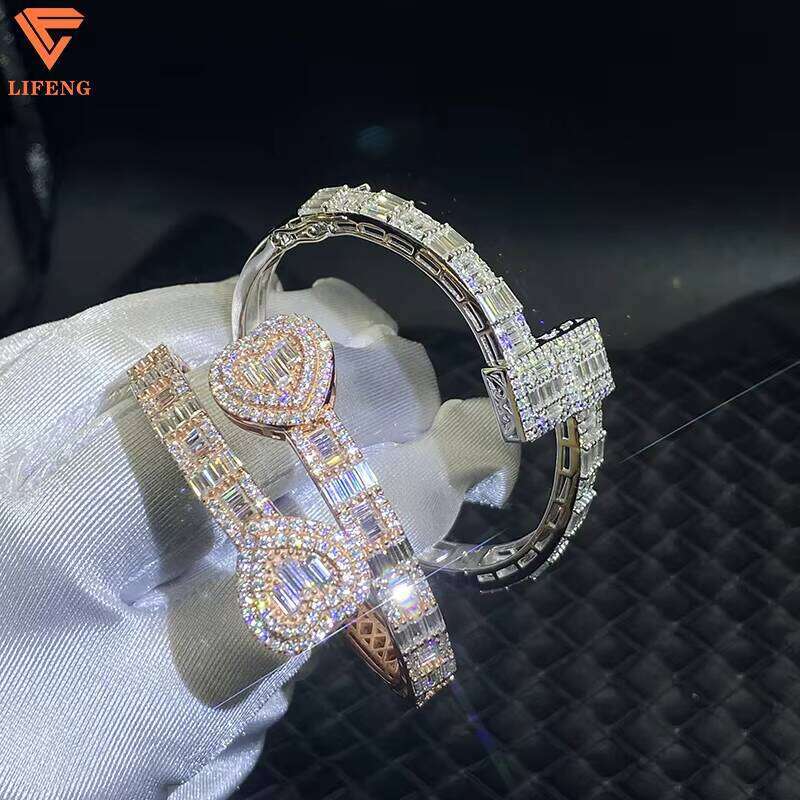 New Arrival Fine Jewelry Popular Couple Bangles Iced Out D VVS1 Moissanite Baguette Dias Sier Bracelet for Men Women