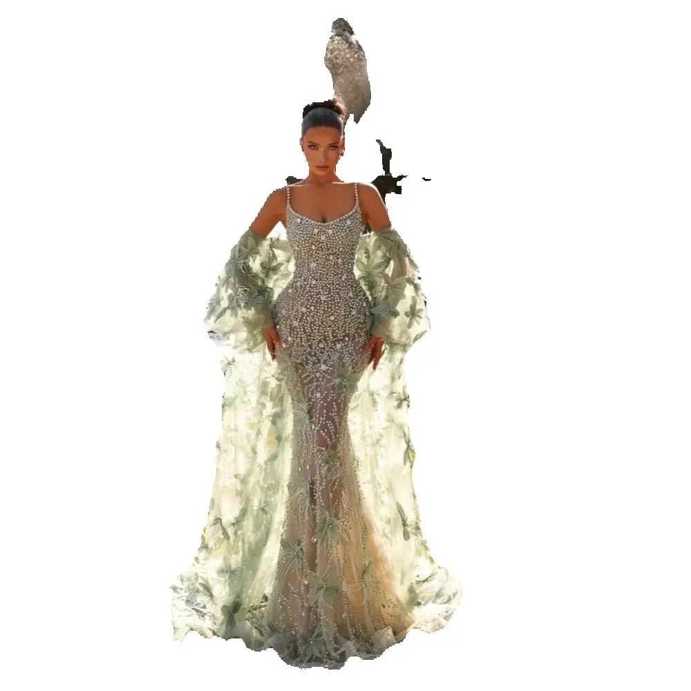 Elegant Spaghetti Straps Evening Dresses Customized Sexy Beaded Crystal Sleeveless Prom Dress Detachable Train Party Gown