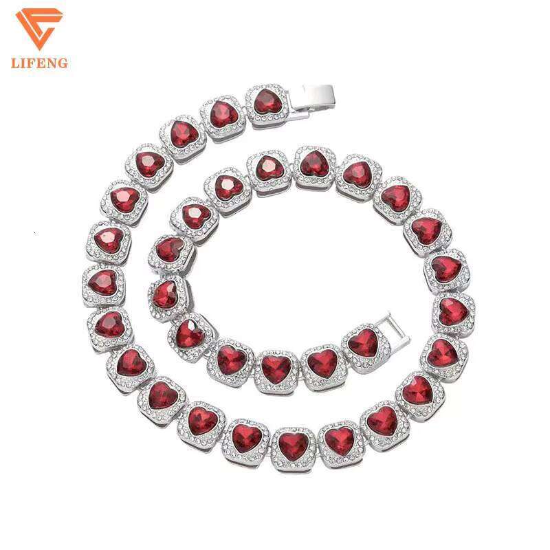 Fashion Jewelry Men Women 13mm Iced Out Red Heart Love Tennis Chain Necklace Gold Plated Moissanite Dia Stone Hip Hop Style