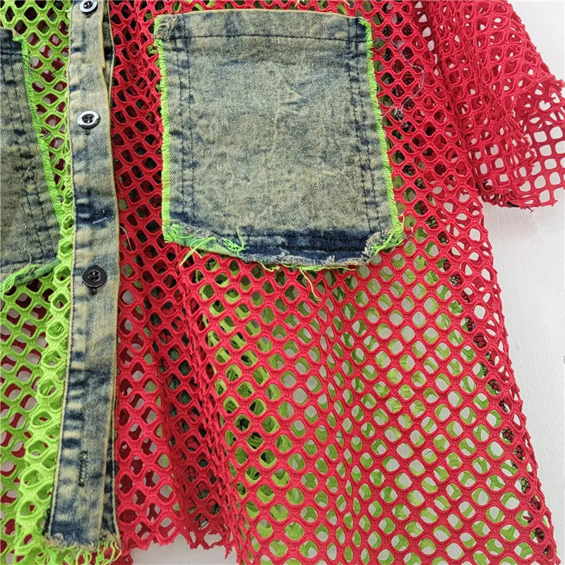 YEAE personalized fashion trend 2025 spring and summer contrasting colors mesh spell denim short-sleeved cardigan jacket women 250728