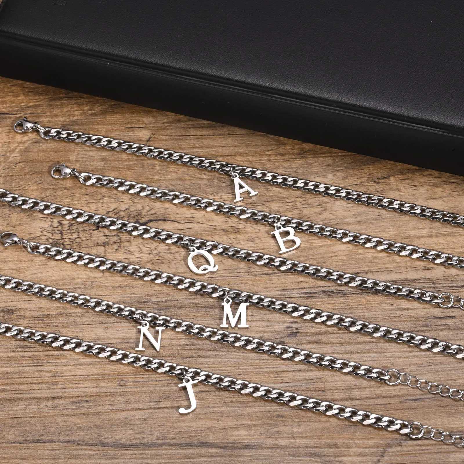 Mens Initials Cuban Links Bracelets Stainless Steel A-Z 26 Letter Alphabet Charm Chain Adjustable Wristband Casual Jewelry Gift W250728