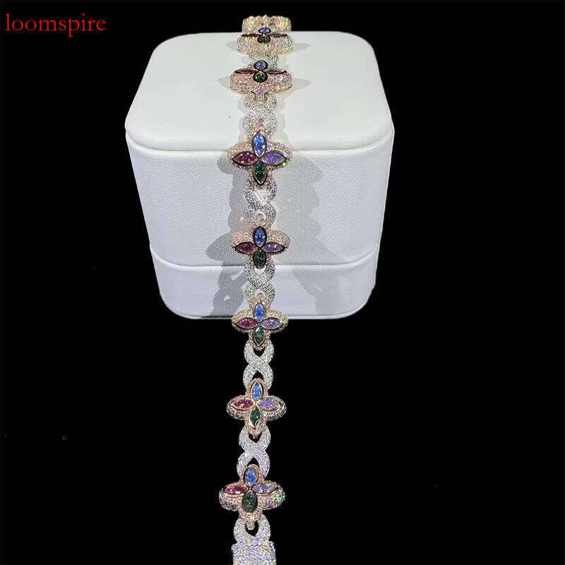 Ready to Ship Hip Hop Sterling Sier Flower Shape Colorful Dia Design Moissanite Link Chain Bracelet