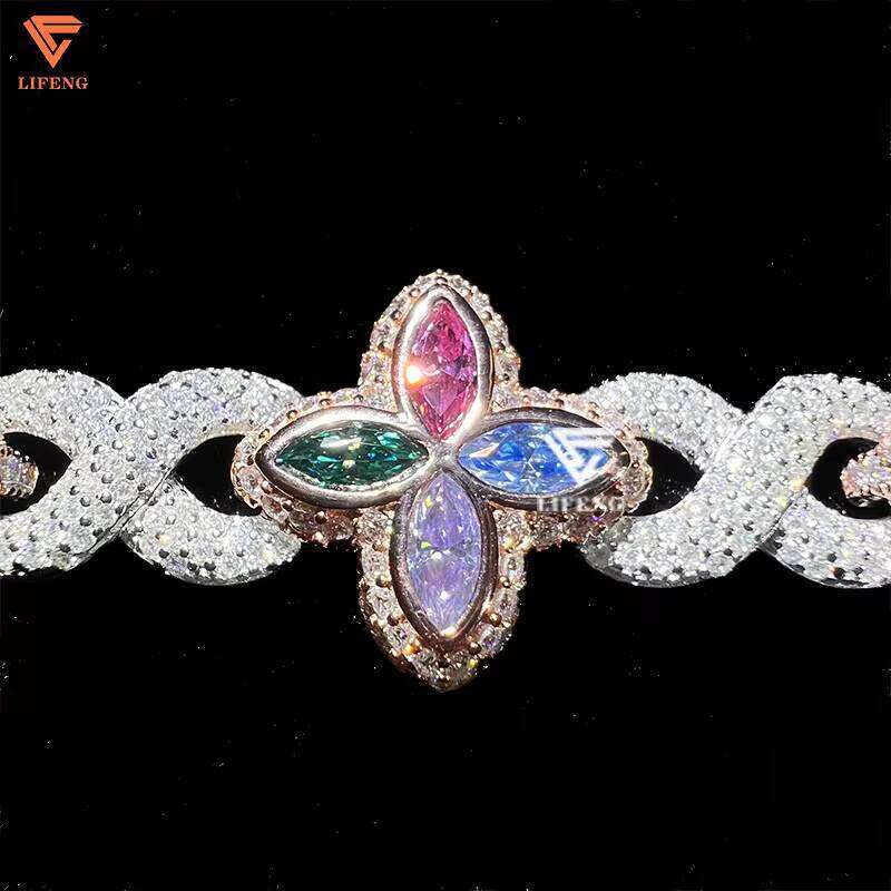 Lifeng Custom Colored Flower Cuban Sterling Sier Fine Jewelry for Women VVS Moissanite Dia Infinity Bracelet