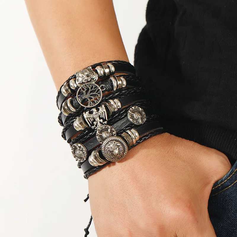 Fashion Black Skull Multi-layer Beaded Hand Leather Bracelet for Men Adjustable DIY Leather Winding Hand Rope Set W250728