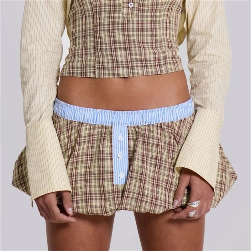 Khaki Mini Skirts Women A-line Casual Fashion Vintage Y2k Skirt Sweet Plaid puff skirt 2024 Summer Female Jupe Streetwear 250715