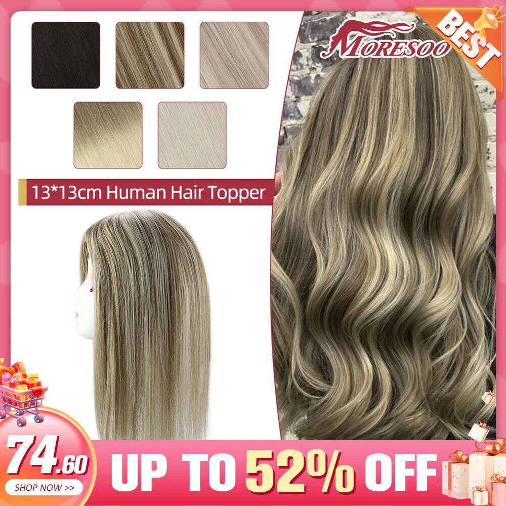 Moresoo Topper 100% Real Human Clip in Extensions Brazilian hine Remy Hair 13*13cm Mono and PU Top Invisible