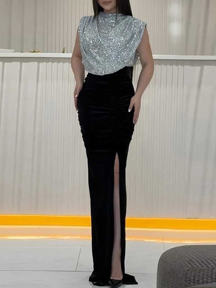 Fashion Temperament Sequins Stitching Dresses Women Solid Color Party Dress Elegant Women O Neck High Slit Maxi Dress Z250728