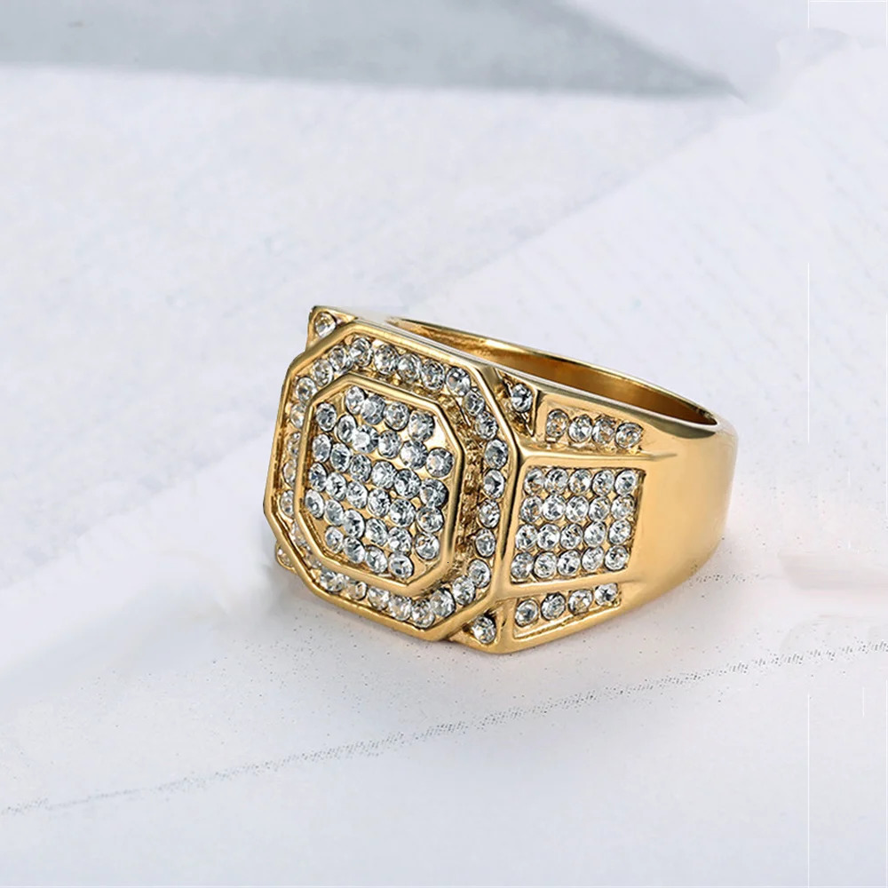 Hip Hop Iced Out Bling Square Ring Male Gold Color Stainless Steel Zircon Rapper Party Big Rings For Men Fashion Jewlery Gift 250723