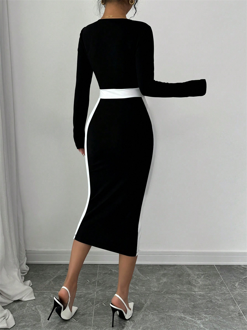 hot Free shipping designer fashion classic versatile light luxury womens clothing splicing color collision medium long skirt long sleeved dress