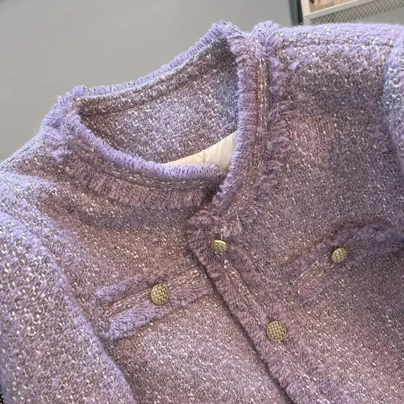 Purple Tweed Jacket Women Vintage ONeck Metal Single Breasted Cropped Coat Autumn Winter Korean Style Elegant Jackets for Women w250728