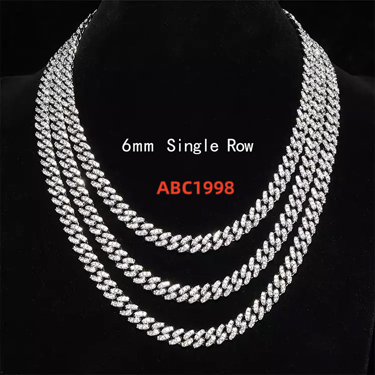 High Quality Hip Hop Chain Iced Out 6mm 10mm Single Row 925 Silver Necklace VVS Moissanite Necklace Cuban Link Chain
