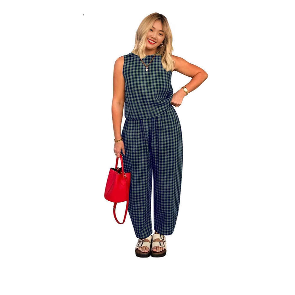 2025 Cross-Border Hot-Selling European American Women's Fashion New Solid Color Plaid Loose Casual Sleeveless Vest and Long Pants Set