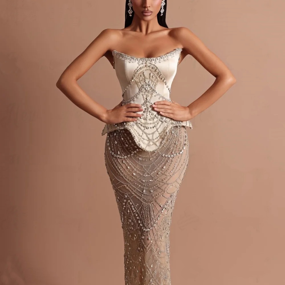 Stylish Wedding Dresses Crystal Strapless Bridal Gowns Rhinestone Sleeveless Illusion See Through Mermaid Customized Vestidos De Novia Plus Size