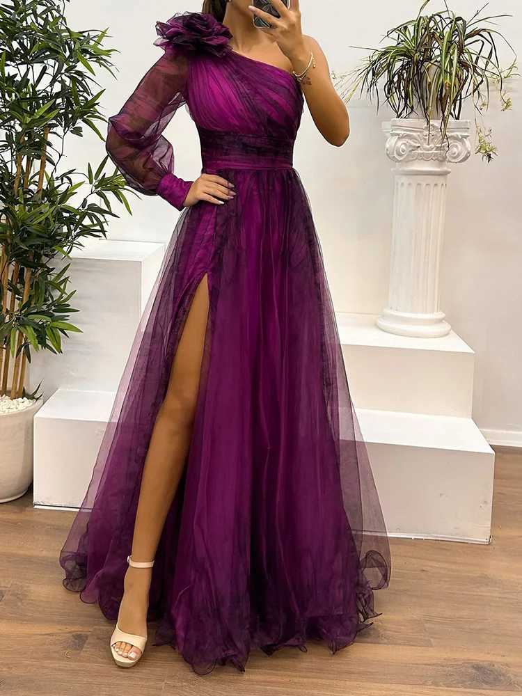 One Off Shoulder Fashion Simple Maxi Dress Women Spring Autumn Skew Collar Chic Party Dress Long Sleeve Patchwork Ladies Dress Z250728