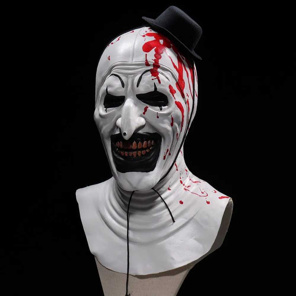 Horror Terrifier Art The Clown Mask Cosplay Creepy Bloody Demon Evil Joker Hat Latex Helmet Halloween Party Costume Props XJ250728