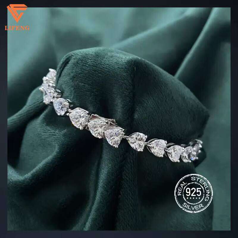 Women Shape 7x7mm VVS Moissanite Dia Tennis Link Chain Bangle Sterling Sier Heart Bracelet