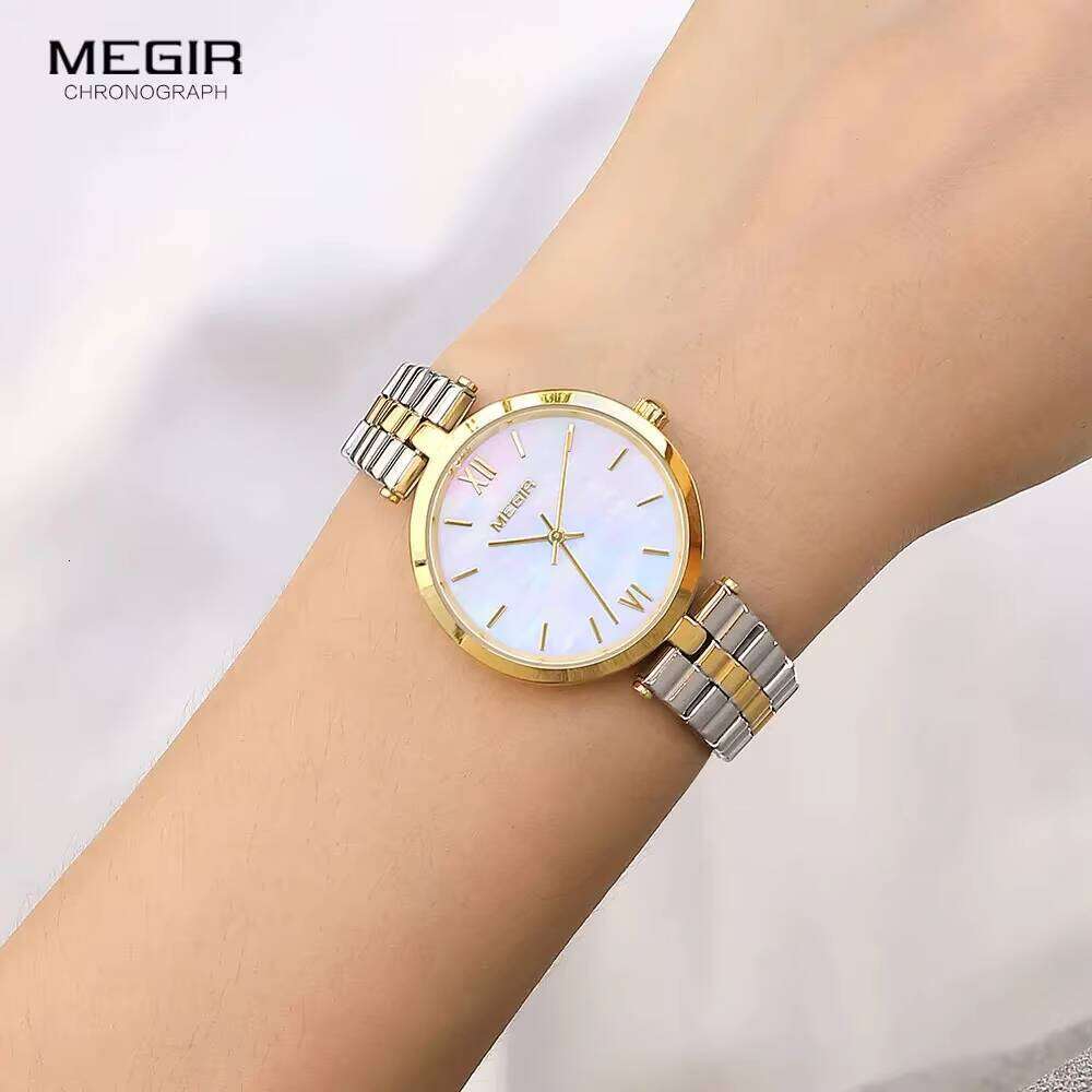 MEGIR Women's Elegant Quartz Watch - Mother of Pearl Dial, Stainless Steel, Waterproof, 32mm Dial Watch- Bulk Wholesale Girls Watch