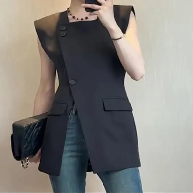 French Black Suit Vest Summer Style Young n Split Sleeveless Top Female Cardigan Outerwear 250709
