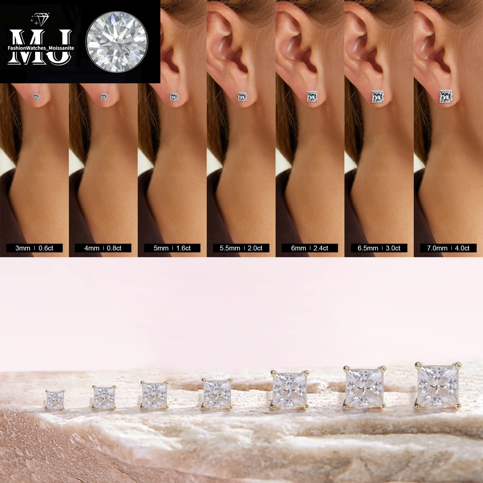 stud designer for women sterg sier 4 prong High-end luxury earrings pass dia tester vvs1 square moissanite earrings gold mens earring jewelry valentin