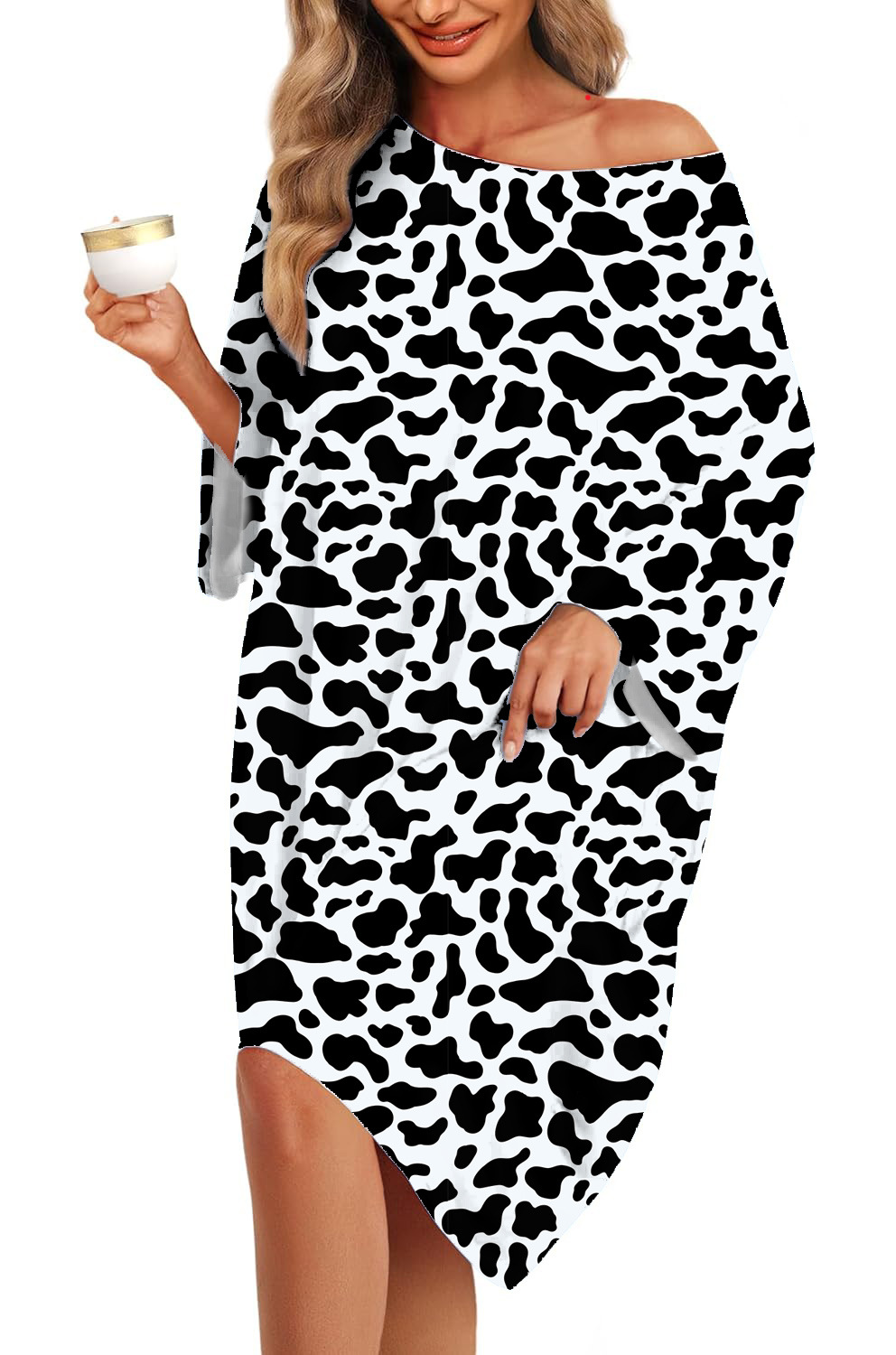 B995-Plus Size Women's Nightgown Home Clothes T-shirt Short Sleeve Printed Pajamas Nightdress with Pockets