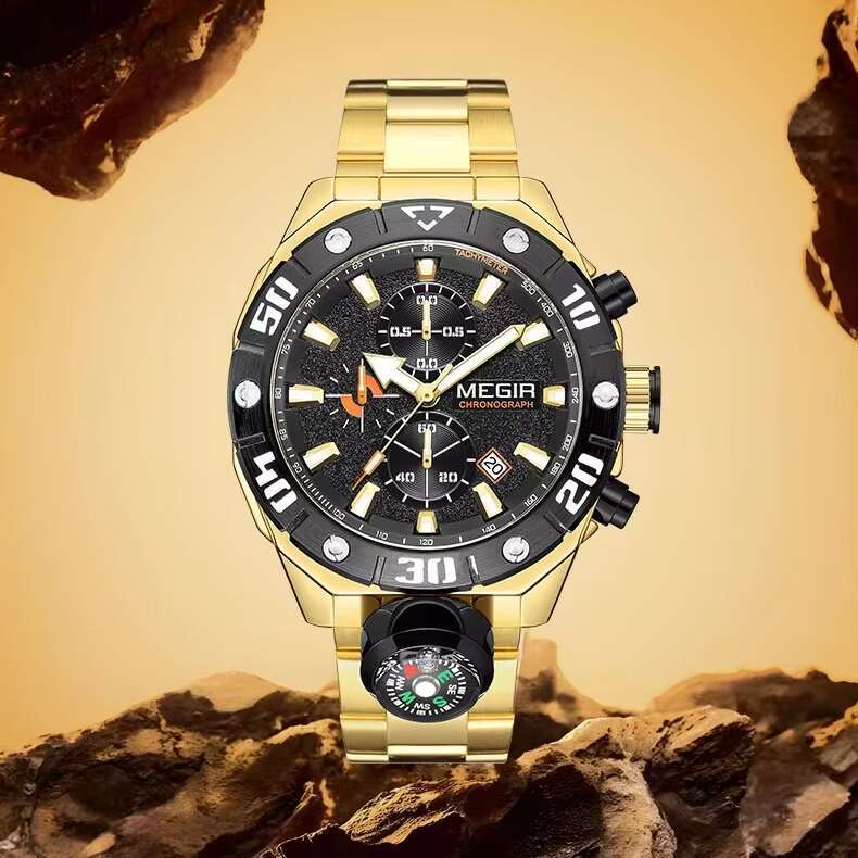 DHwatches MEGIR 2219G Men's Outdoor Sports Watch - 46mm Stainless Steel, Compass, Chronograph, Waterproof 30M, Luminous Dial