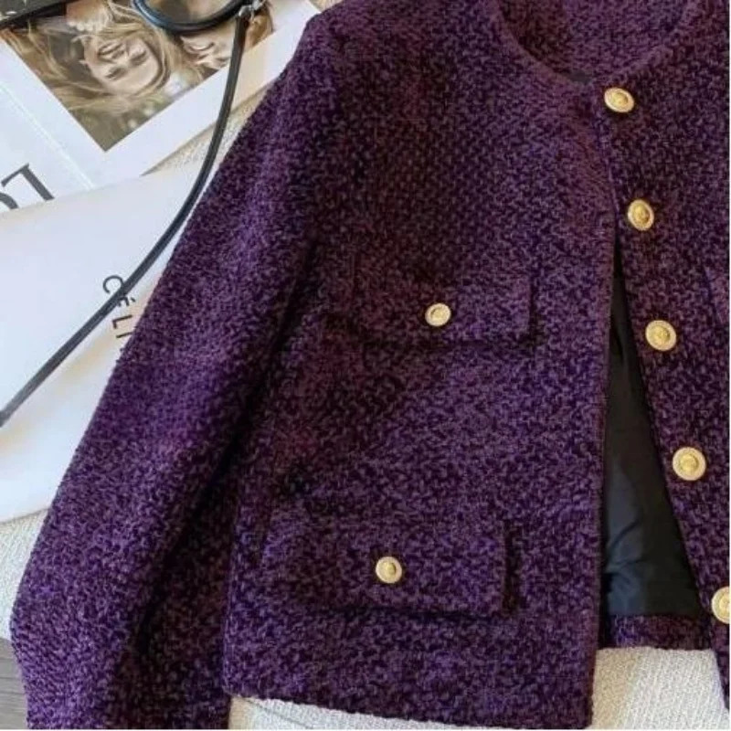 Limiguyue French Woolen Tweed Coat Small Fragrant Oneck Short Jacket Women Highend Metal Button Purple Tops Autumn Winter 012A w250728