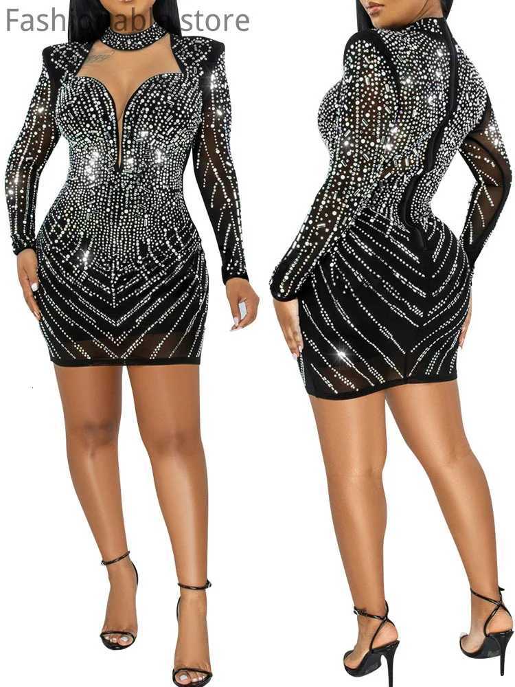 Women Sexy Mock Neck Hollow Rhinestone Long Sleeve Bodycon Dress Z250728