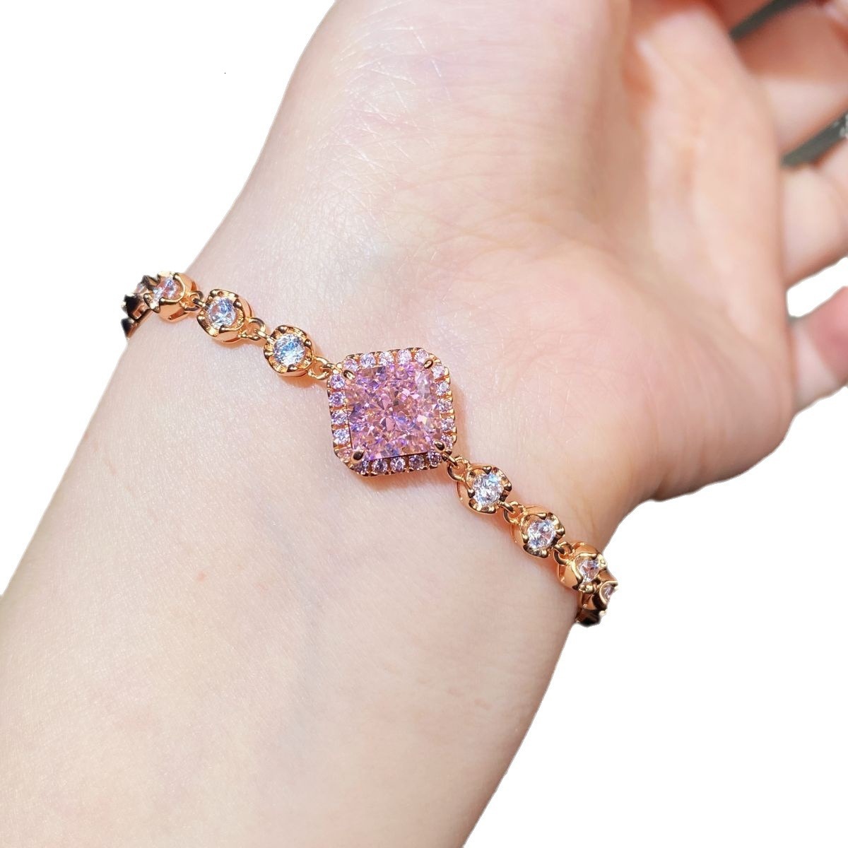 S Sterling Sier Set Pink Dia Champagne Gold Clavicle Chain Pendant Bracelet Necklace Ring Jewelry for Women