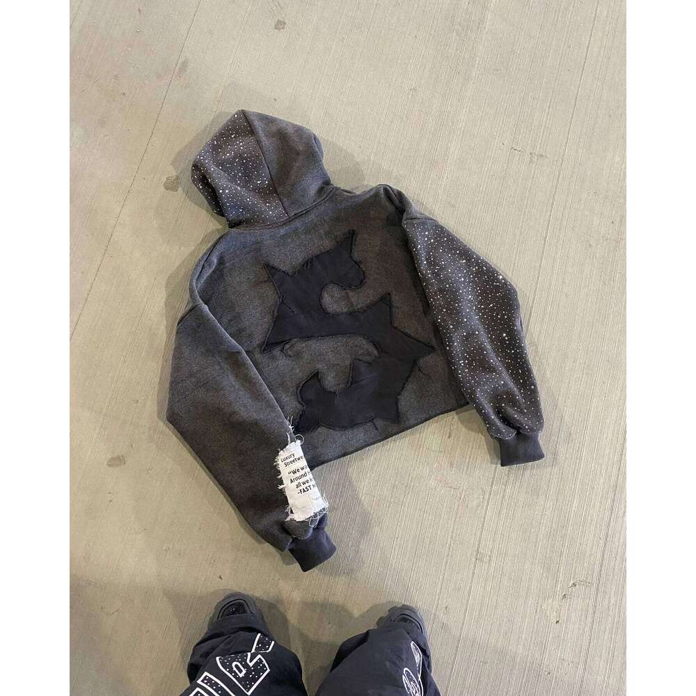 Designer Leisure High Quality FAST MONEY INVERSE Letter Patchwork Gothic Zipper Hoodie Black Loose Rhinestone Embroidery Crop Top Y2k Retro Street Swe