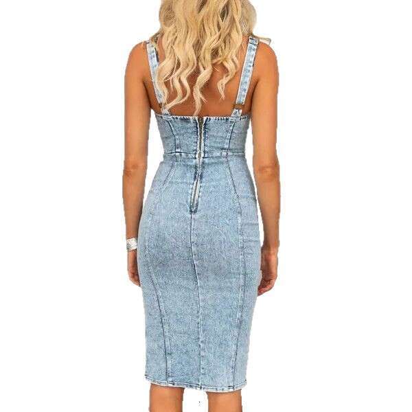 2025 European and American Cross-Border Hot-Selling Short-Sleeve U-Neck Strap Vintage Casual Style Denim Dress