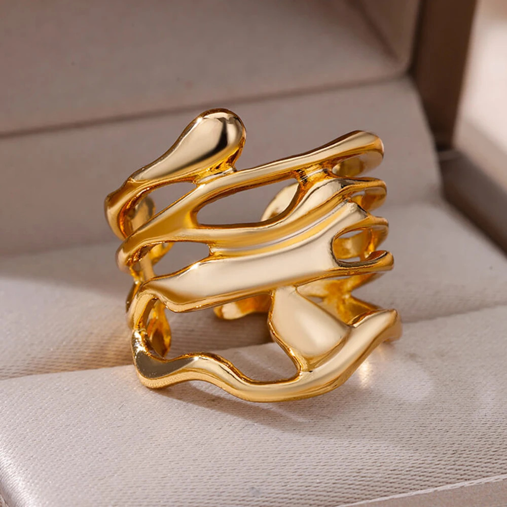 Stainless Steel Rings For Women Men Gold Color Hollow Wide Open Ring Female Male Fashion Wedding Party Finger Jewelry Gift 2024 250715