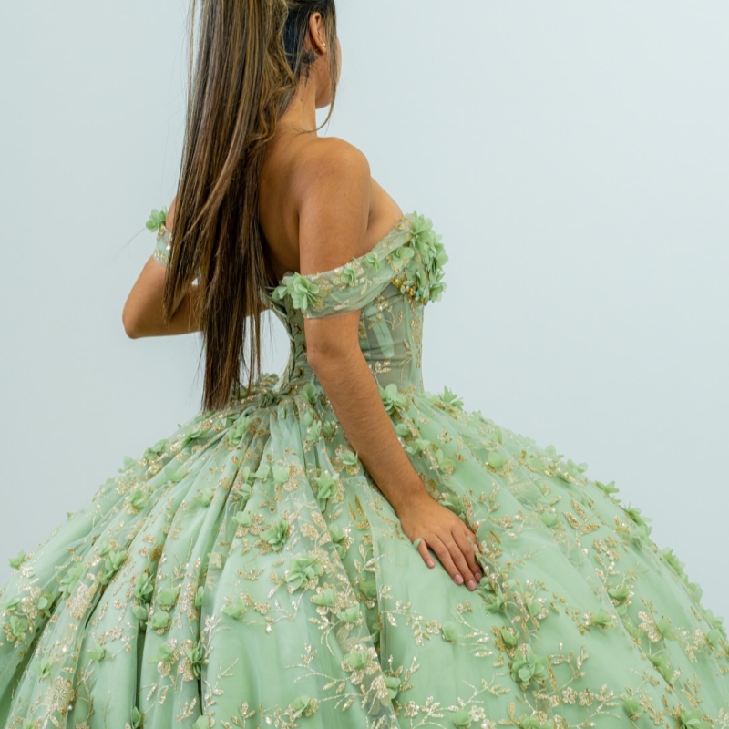 Sage Green Shiny Quinceanera Dresses Ball Gown Off The Shoulder Gold Applique Flower Beads Tull Corset Party Birthday Sweet 16 Dress Vestidos De 15 An