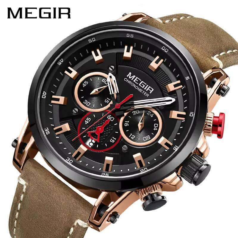 MEGIR Men's Skeleton Sports Watch - 46mm Leather Strap, Waterproof, Chronograph quartz Watch - Bulk Wholesale Watch