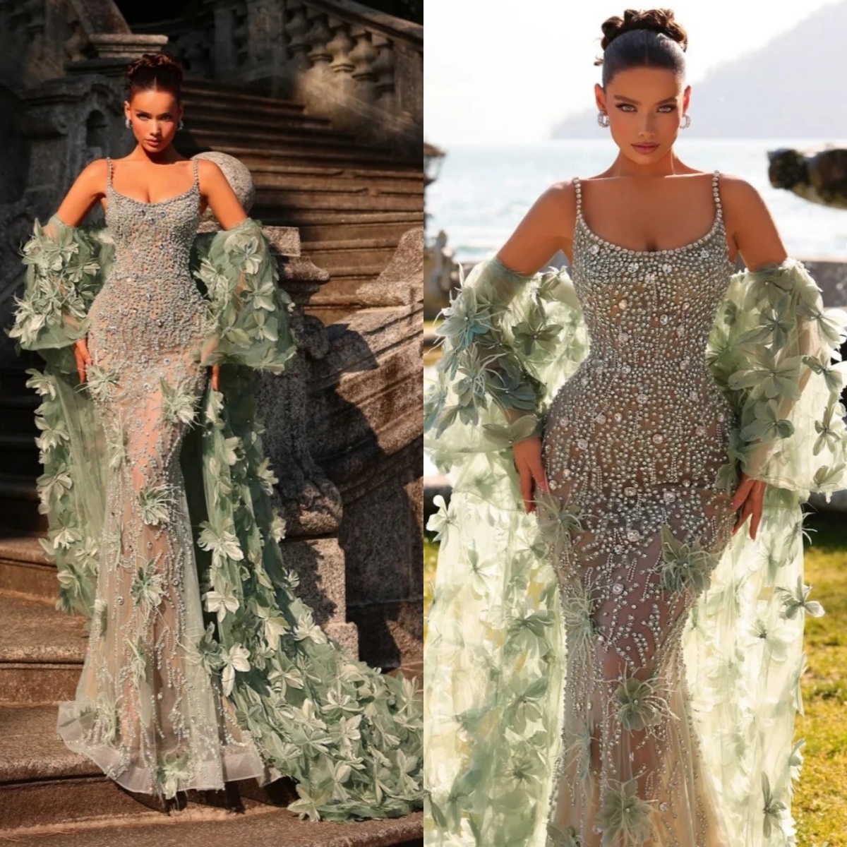 Elegant Spaghetti Straps Evening Dresses Customized Sexy Beaded Crystal Sleeveless Prom Dress Detachable Train Party Gown