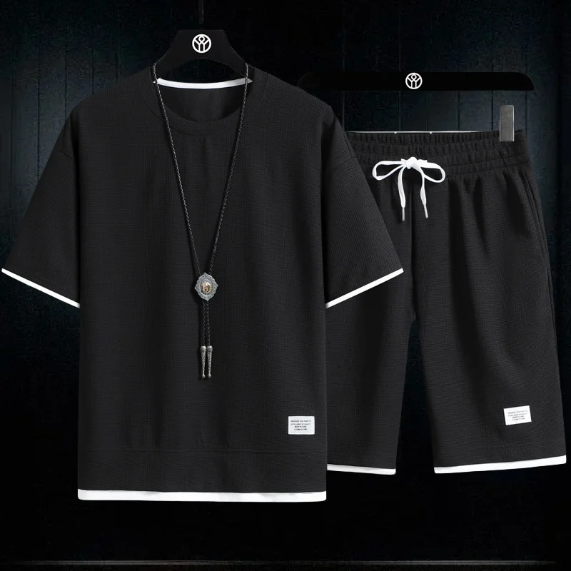 2025 3D Mens Waffle Summer Suit Casual Tshirt Shorts Suit Mens Tracksuit Solid color tracksuit loose suit 250724