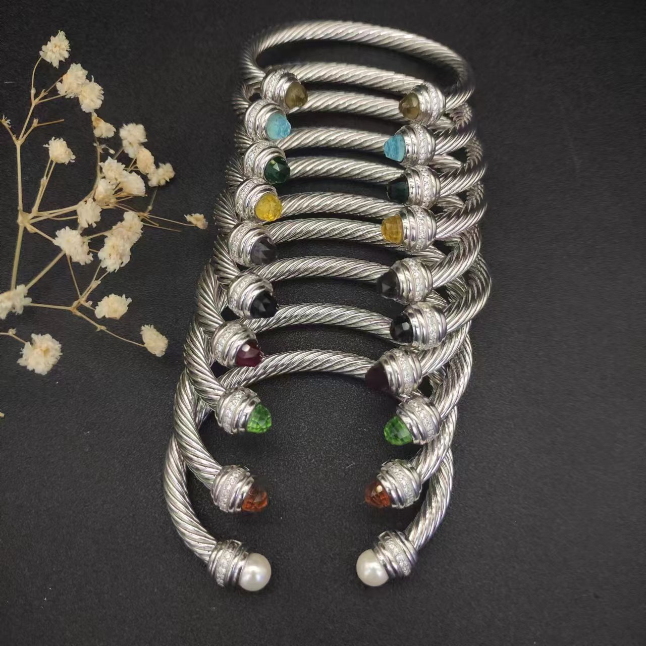 7mm cable bracelet david twisted silver bangles luxury jewelry women men gold Pearl head diamond Cuff bangle Bracelet fashion jewelrys party wedding gift