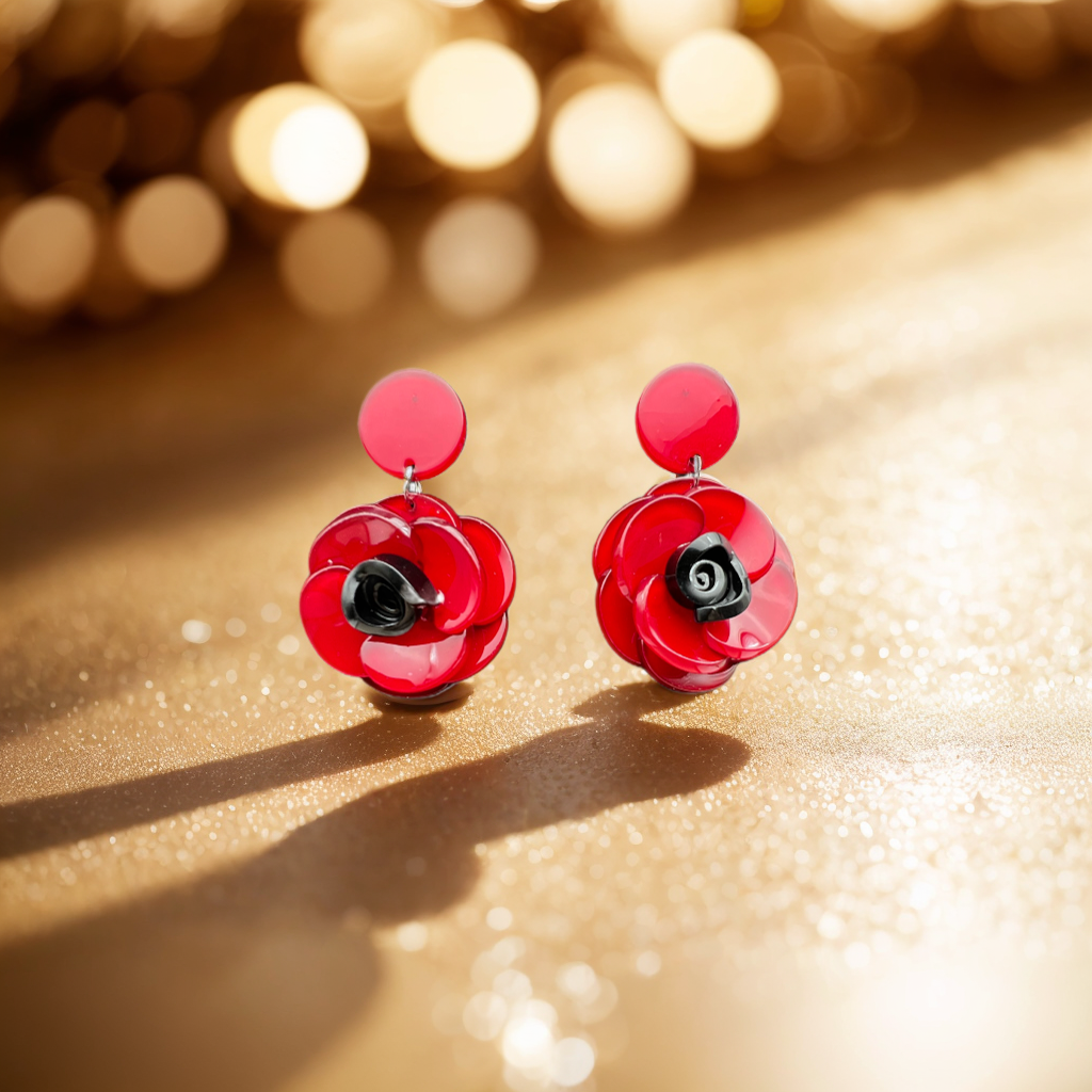 Elegant Exaggerated Floral Design Earrings Featuring Layered Red Blossoms